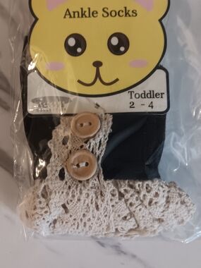 Toddler Girls  Black Socks with Cream Lace Trim and Buttons